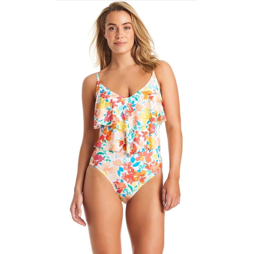 Ellen Tracy Women's One Piece Swimsuit Sz 8 Floral Ruffled Brand New Value $98